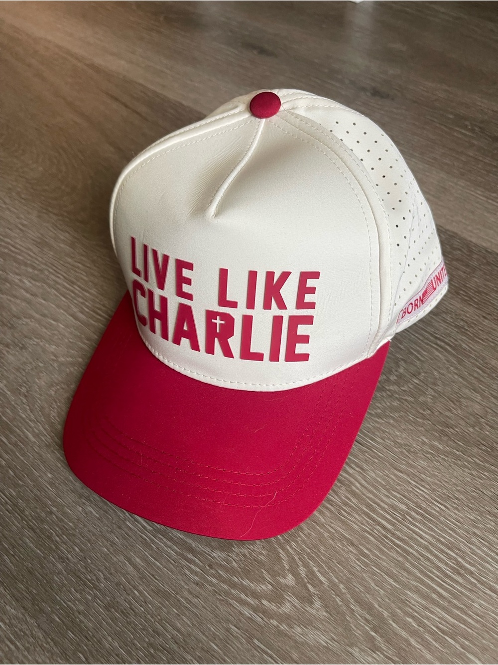 Live Like Charlie White and Red Trucker Hat